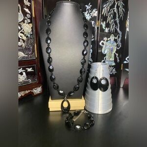 Handmade faceted onyx, black jasper and black glass necklace bracelet earrings